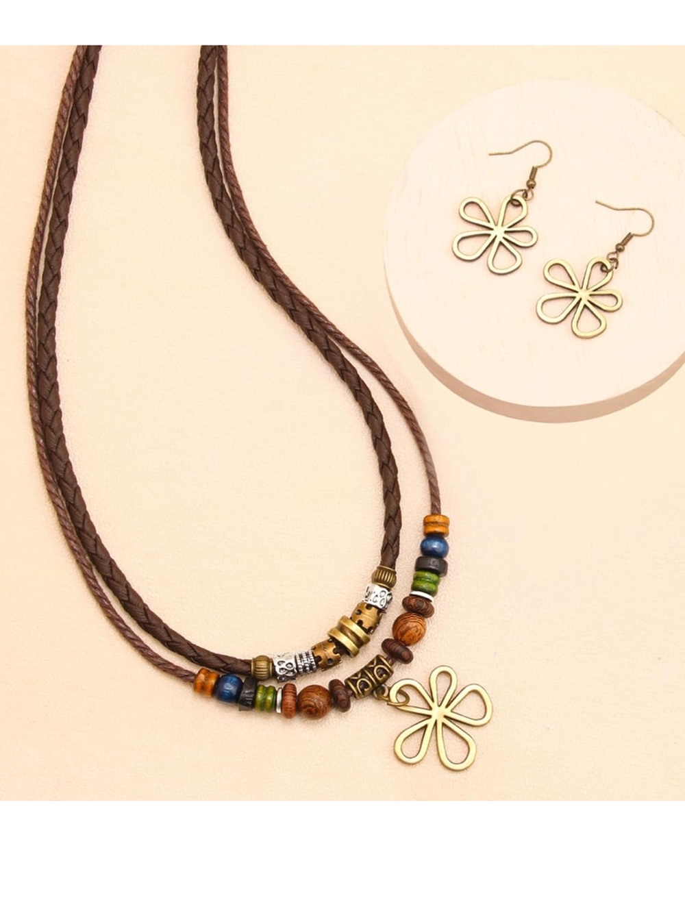 Women’s Brown Braided Cord Necklace with Flower Pendant - Unbranded